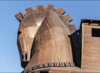 Wooden Trojan Horse close-up of head