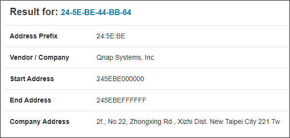 Returned results from MAC address lookup