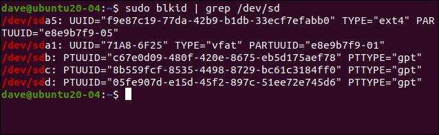 sudo blkid | grep /dev/sd in a terminal window