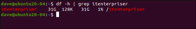 df -h | grep itenterpriser in a terminal window