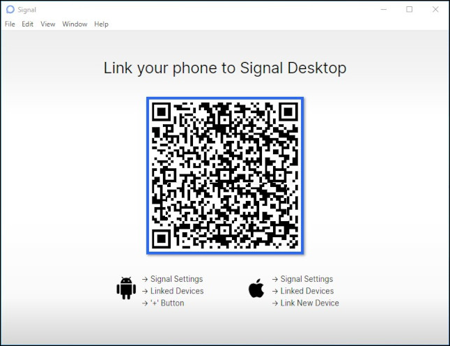 Windows version of Signal desktop showing QR code