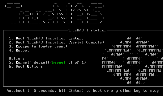TrueNAS Core installation menu