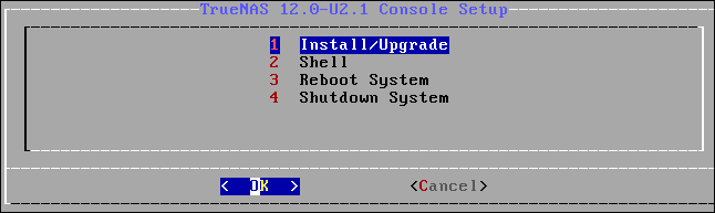TrueNAS installation or upgrade menu