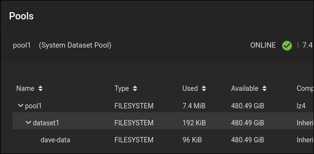 TrueNAS CORE pool list with pool1, dataset1, and dave-data listed