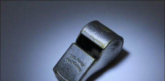A metal referee's whistle