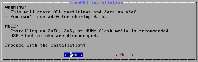 TrueNAS installation confirmation menu