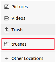 TrueNAS CORE mounted NFS share added as a bookmark in the Ubuntu file browser
