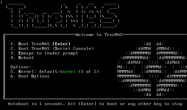 TrueNAS boot up menu