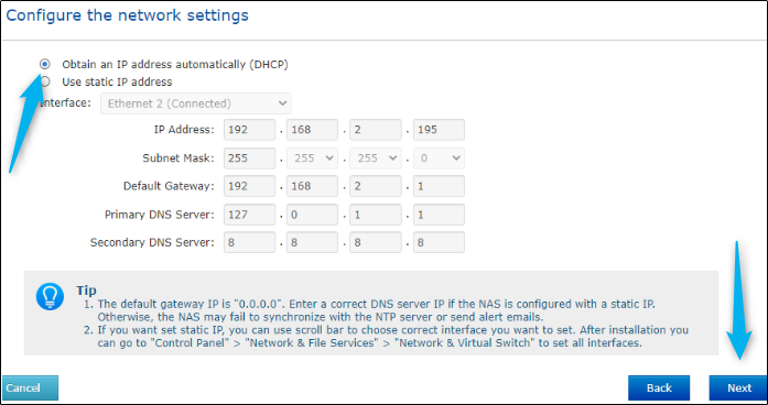 Configure network settings screen on the NAS installation guide. Obtain an IP address automatically is selected.
