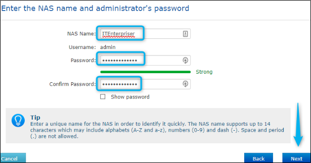 QNAP NAS name and password setup screen