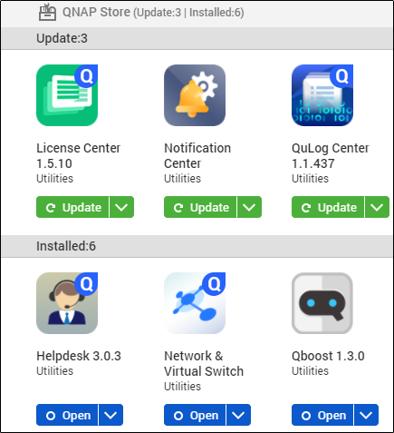 QNAPs app center showing installed apps and apps that need to be updated.