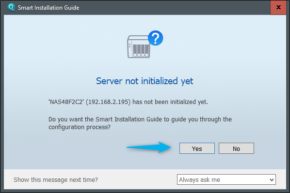 Smart installation guide window telling user that the server isn't initialized yet with the option to set it up.