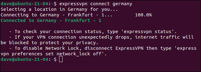 expressvpn connect germany in a terminal window