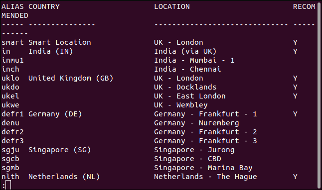 expressvpn list all | less in a terminal window