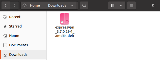 ExpressVPN .deb package file in the downloads directory
