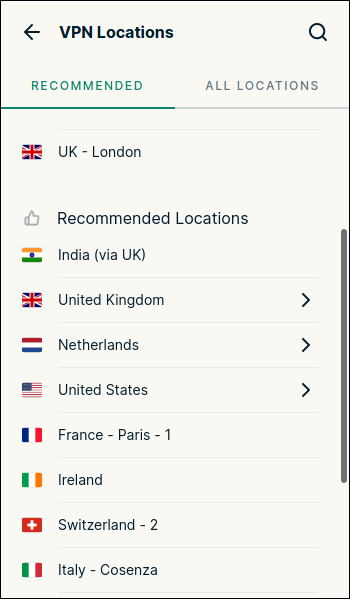 ExpressVPN browser extension window showing location list
