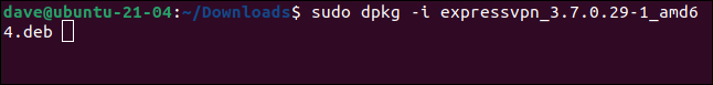 sudo dpkg -i expressvpn_3.7.0.29-1_amd64.deb in a terminal window