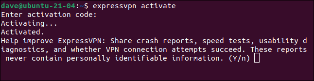 expressvpn activate in a terminal window