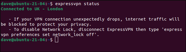 expressvpn status in a terminal window