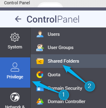 Shared Folders option under Privilege group in QNAP QTS