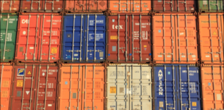 Neatly stacked shipping containers