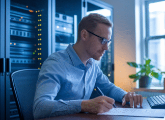 Small business owner reviewing security checklist.