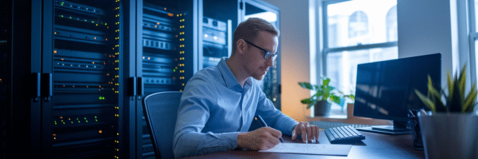 Small business owner reviewing security checklist.
